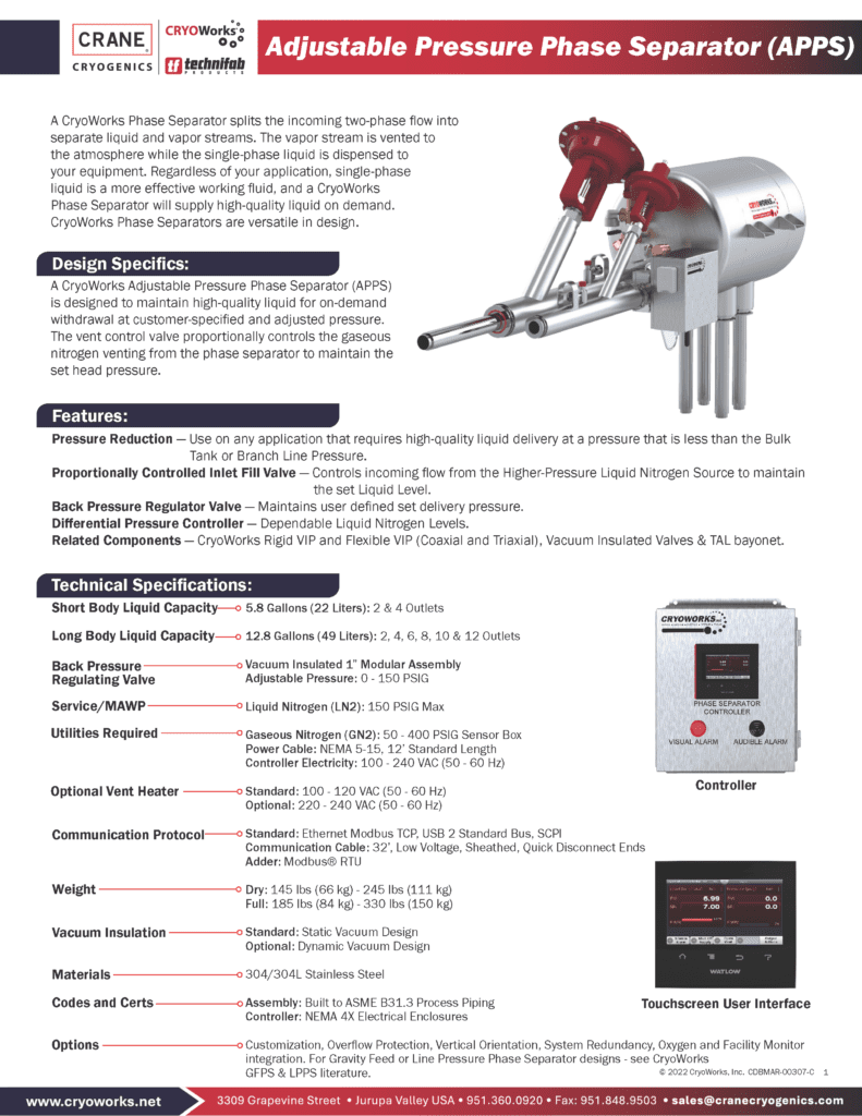 Adjustable Pressure Phase Separator APPS 6 5 25 CDBMAR 00307 C CRANECryogenics Page 1