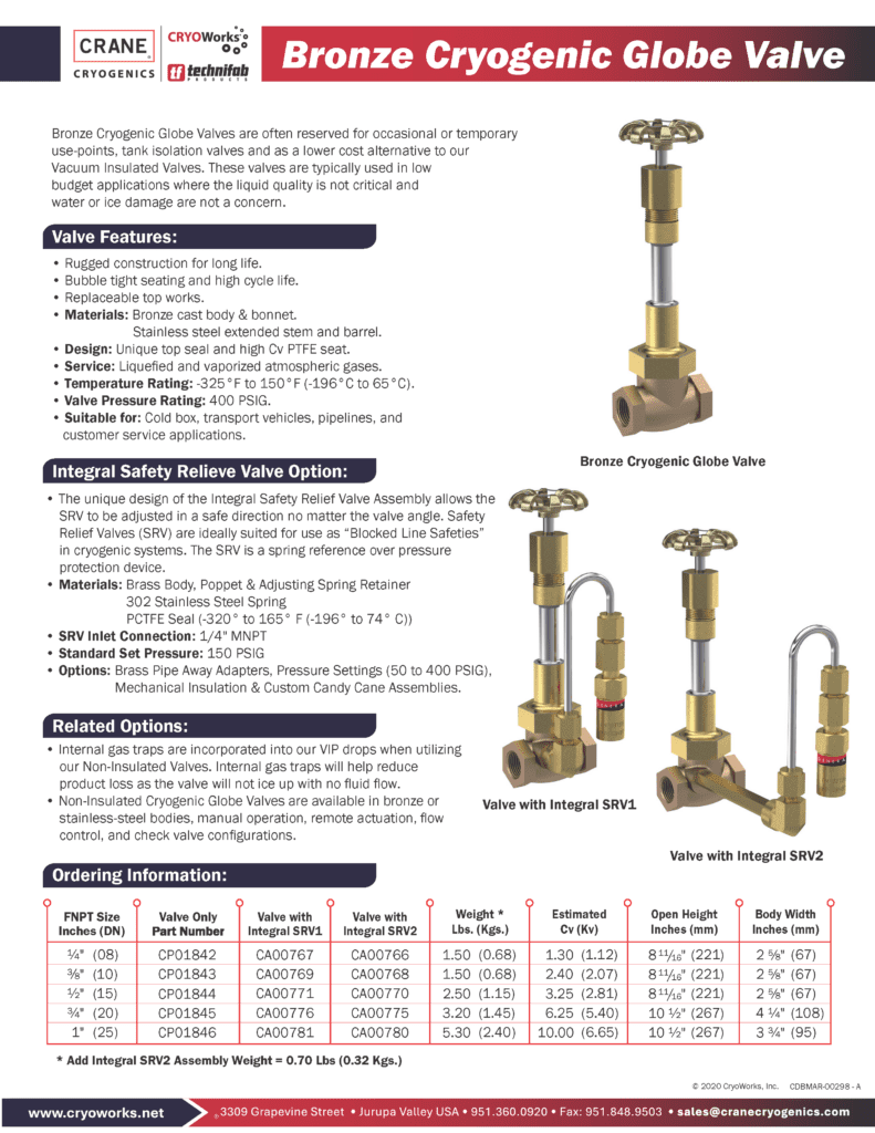 Bronze Cryogenic Globe Valve BCGV 6 5 25 CDBMAR 00298 A CRANE Cryogenics