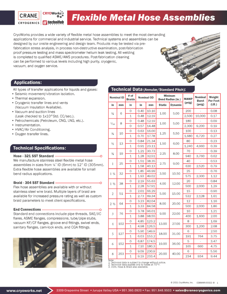 Flexible Metal Hose Assemblies 5 30 25 CDBMAR 00322 B CRANECryogenics